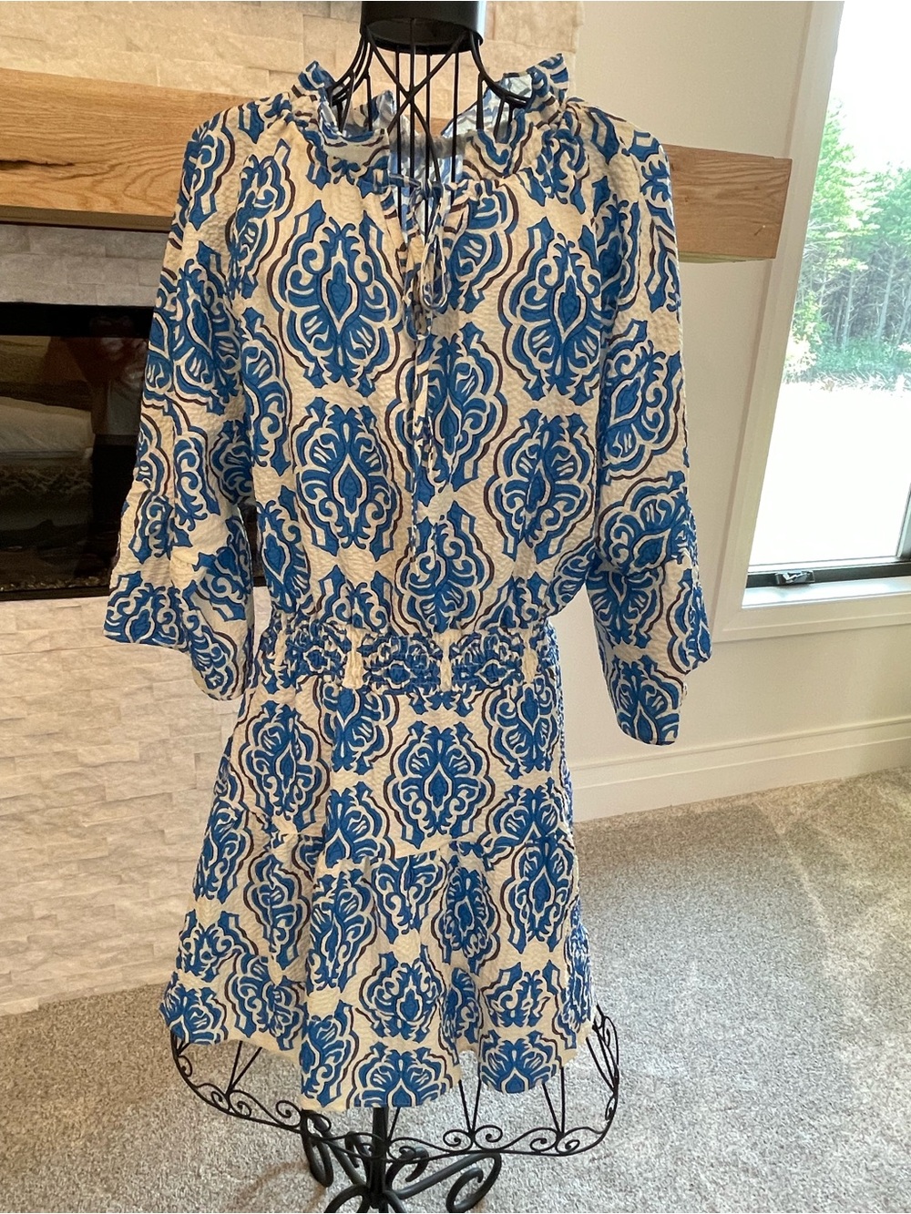 Blue & Cream Printed Elastic-Waist Women's Dress - Picture 2 of 3